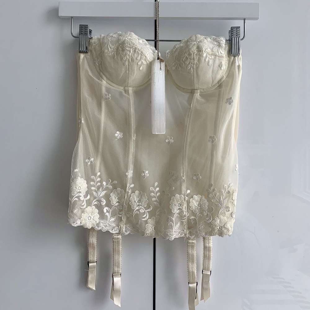 PIEGE Bridal Embroidered Strapless Guêpière Bustier Garters 34 Cream